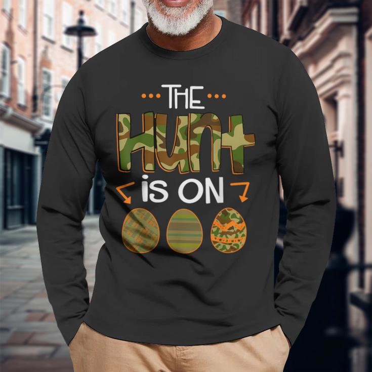 The Egg Hunt Is On Bunny American Flag Easter Day Boys Long Sleeve T-Shirt Gifts for Old Men