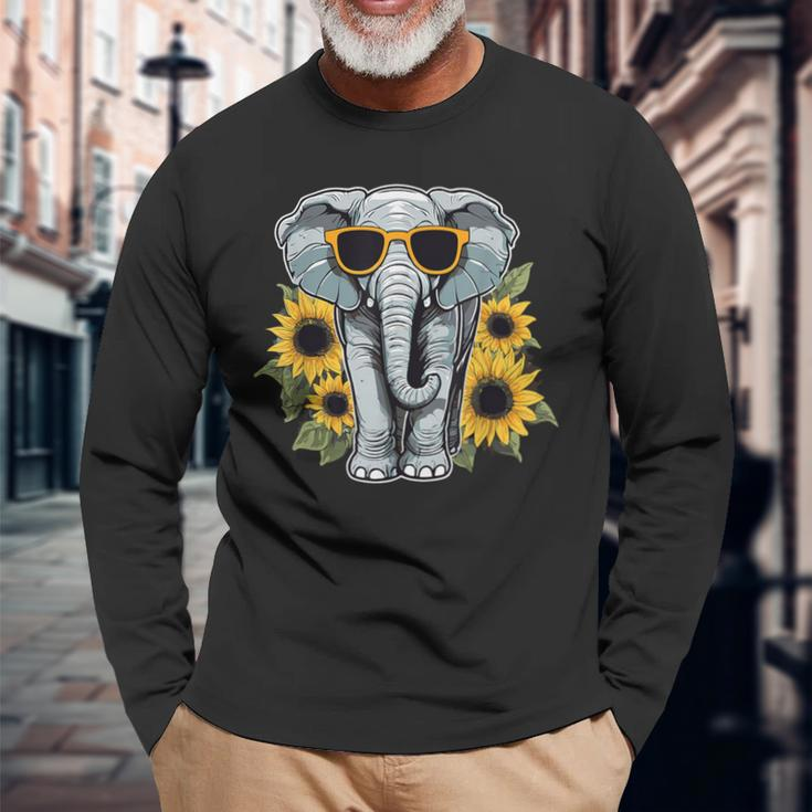 Elephant With Sunglasses And Sunflowers Long Sleeve T-Shirt Gifts for Old Men
