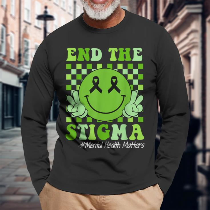 End The Stigma Mental Health Awareness Smile Face Green Long Sleeve T-Shirt Gifts for Old Men