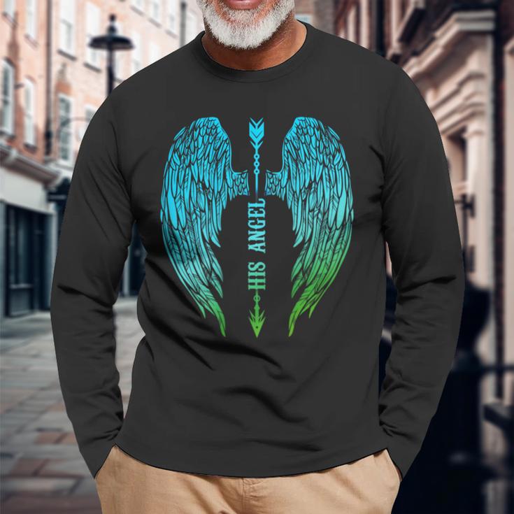 Engelsflügel Herren Langarmshirts Schwarz His Angel Aufschrift, Geschenk für Ihn Geschenke für alte Männer