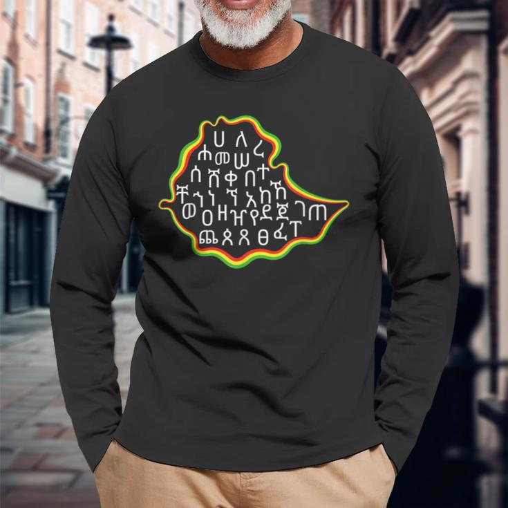 Ethiopian Alphabet Amharic Fidel Ethiopian Flag Style Long Sleeve T-Shirt Gifts for Old Men