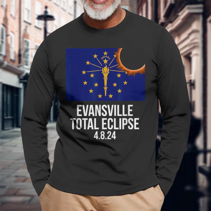 Evansville Indiana Eclipse 2024 Evansville Indiana Flag Long Sleeve T-Shirt Gifts for Old Men