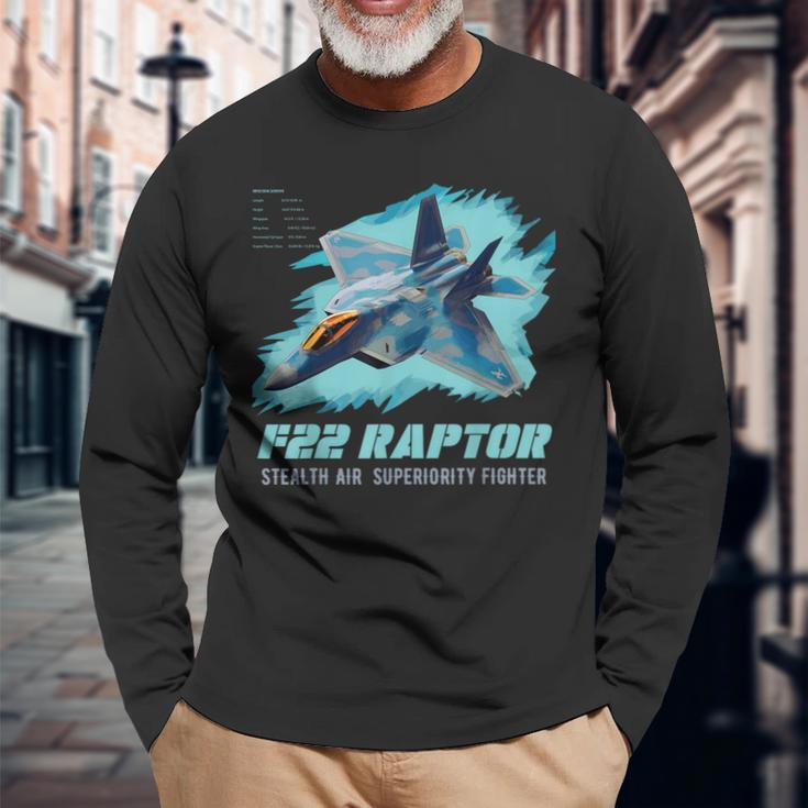 F-22 Raptor Fighter Jet Military Airplane Pilot Veteran Day Long Sleeve T-Shirt Gifts for Old Men