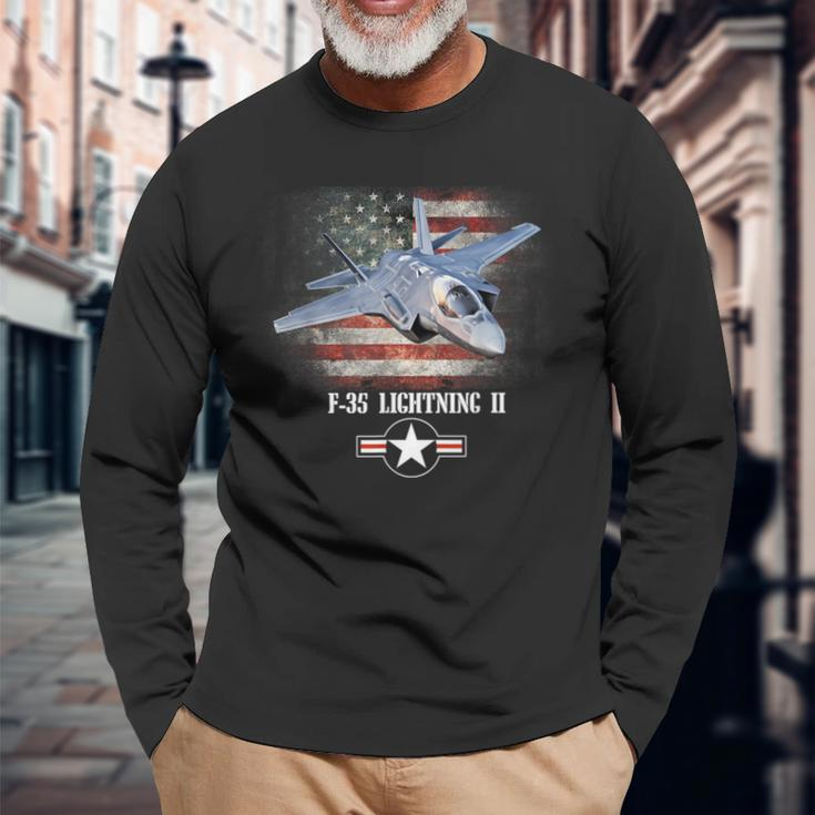 F-35 Lightning 2 Us Flag Proud Air Force Military Veteran Long Sleeve T-Shirt Gifts for Old Men