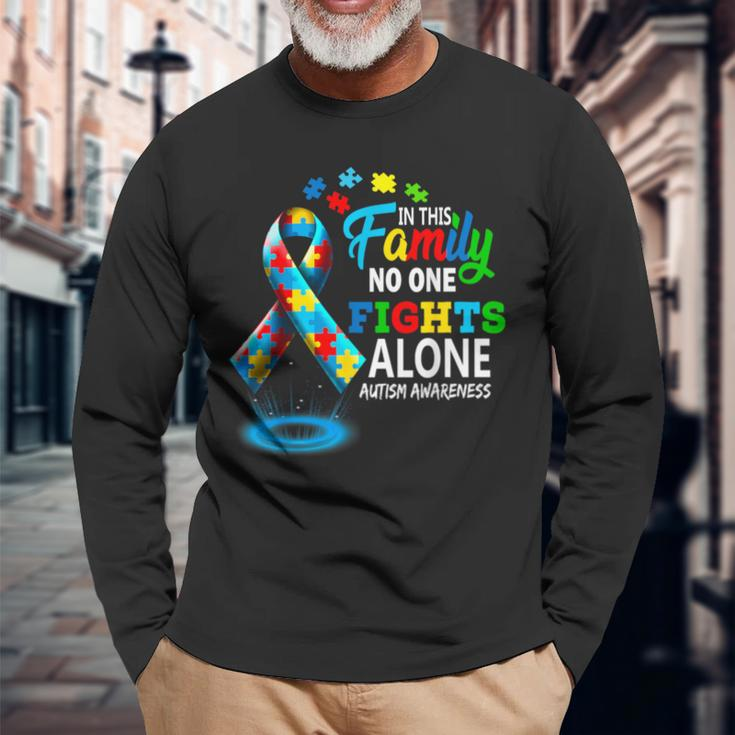 In This Family Nobody Fights Alone Blue Autism Awareness Long Sleeve T-Shirt Gifts for Old Men