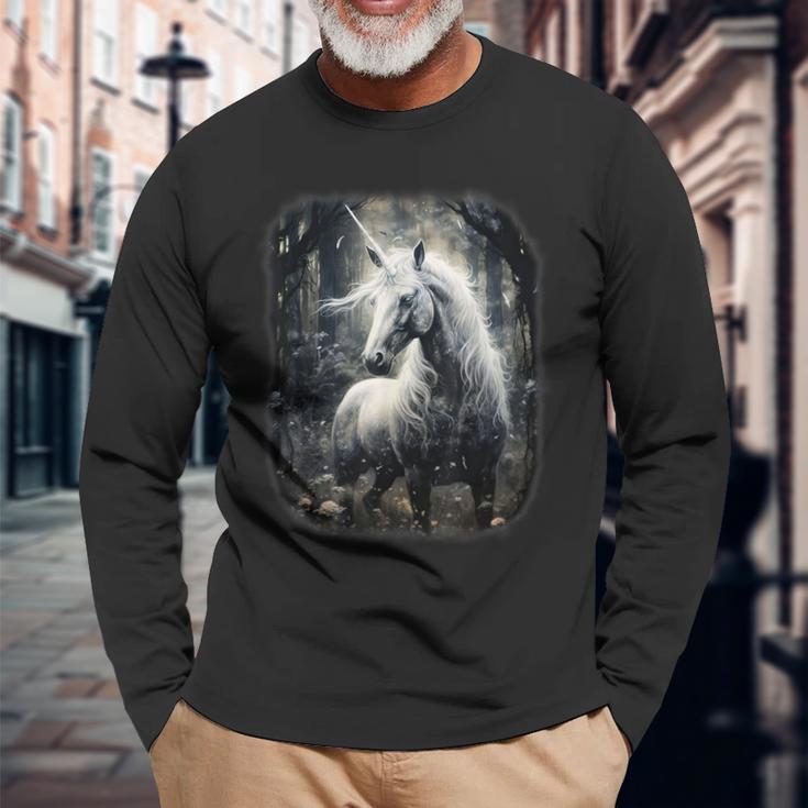 Fantasy White Unicorn Standing In A Forest Long Sleeve T-Shirt Gifts for Old Men