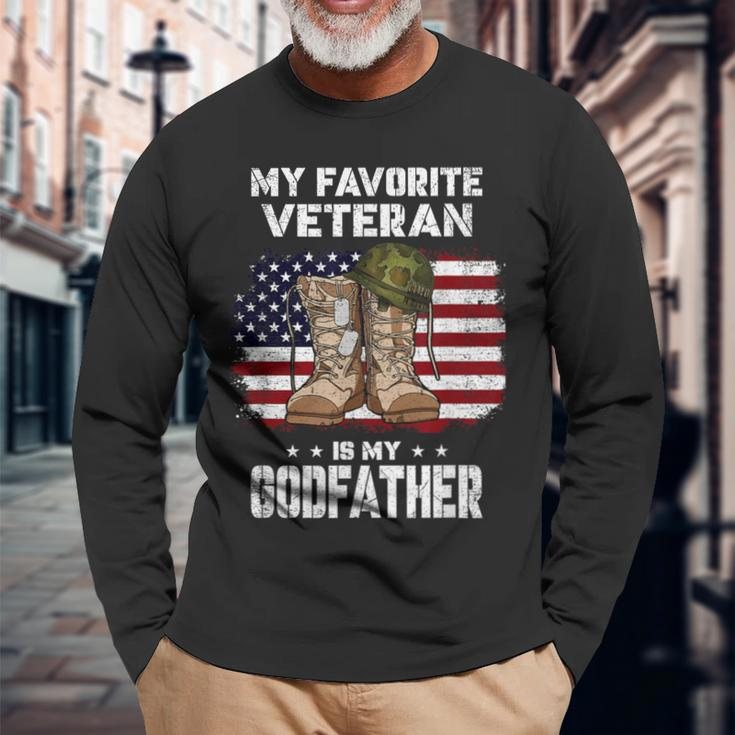 My Favorite Veteran Is My Godfather American Flag Veterans Long Sleeve T-Shirt Gifts for Old Men