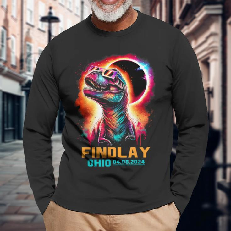 Findlay Ohio Total Solar Eclipse 2024 Dinosaur Colorful Long Sleeve T-Shirt Gifts for Old Men