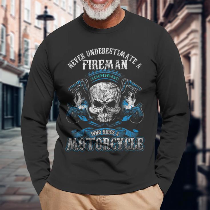 Fireman Biker Skull Never Underestimate Motorcycle Long Sleeve T-Shirt Gifts for Old Men