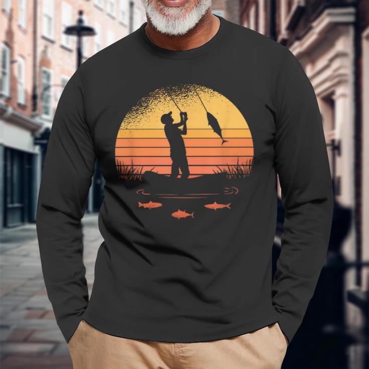 Fisherman Fisher Fishing Sunset Retro Vintage Long Sleeve T-Shirt Gifts for Old Men