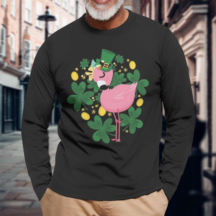 Flamingo St Patrick Day Pink Bird Lover Long Sleeve T-Shirt Gifts for Old Men