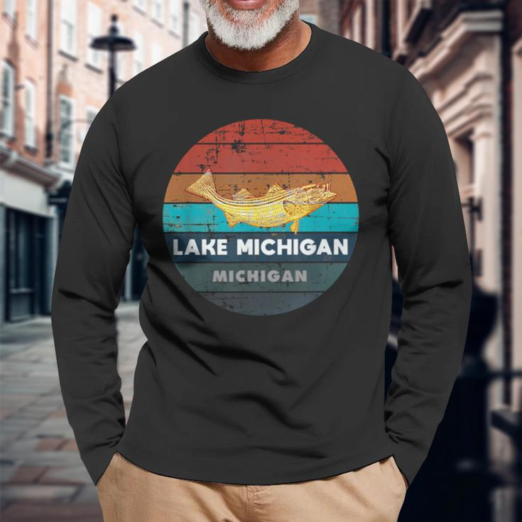 Flying Fishing Bass Salmon Fish Trout Lake Michigan Retro Long Sleeve T-Shirt Gifts for Old Men