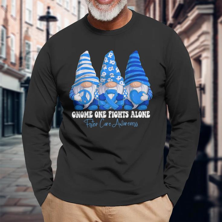 Foster Care Awareness Month Blue Ribbon Gnomies Support Long Sleeve T-Shirt Gifts for Old Men