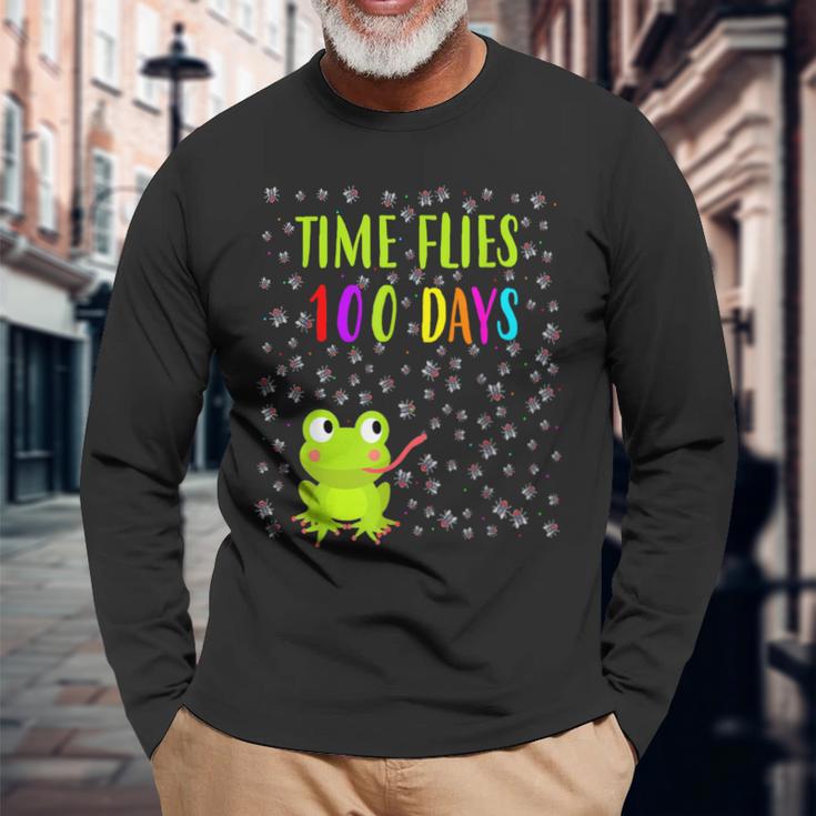 Frog Fly Time Flies 100 Days 100Th Day Of School Students Long Sleeve T-Shirt Gifts for Old Men