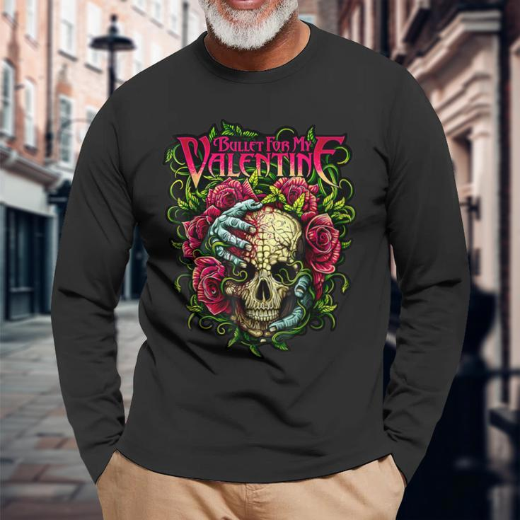 Bullet My Valentine Skull Roses And Red Blood Horror Long Sleeve T-Shirt Gifts for Old Men