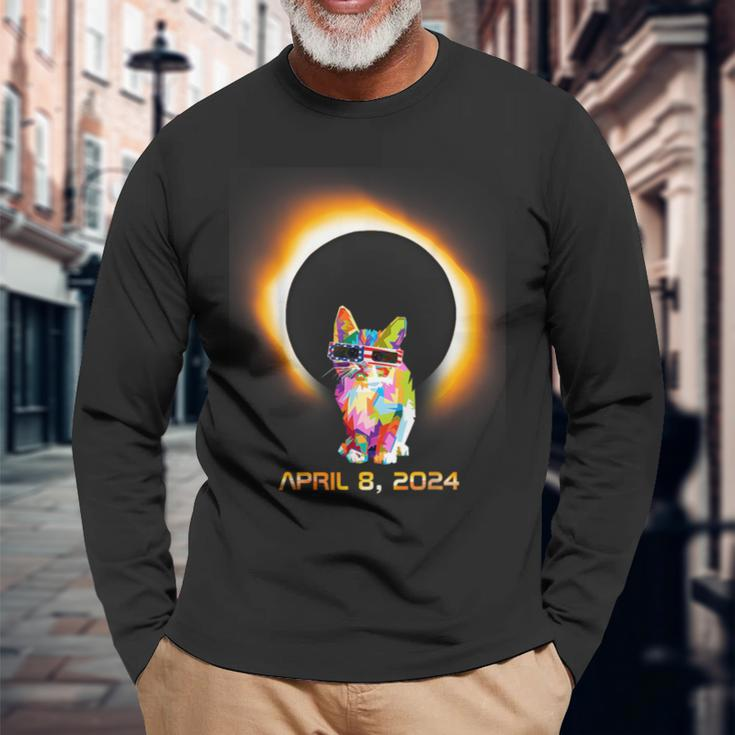 Cat Total Solar Sun Eclipse 2024 Totality Spring April Long Sleeve T-Shirt Gifts for Old Men