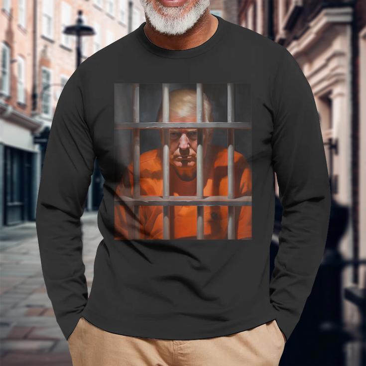 Donald Trump Behind Bars Hot Orange Jumpsuit Humor Long Sleeve T-Shirt Gifts for Old Men