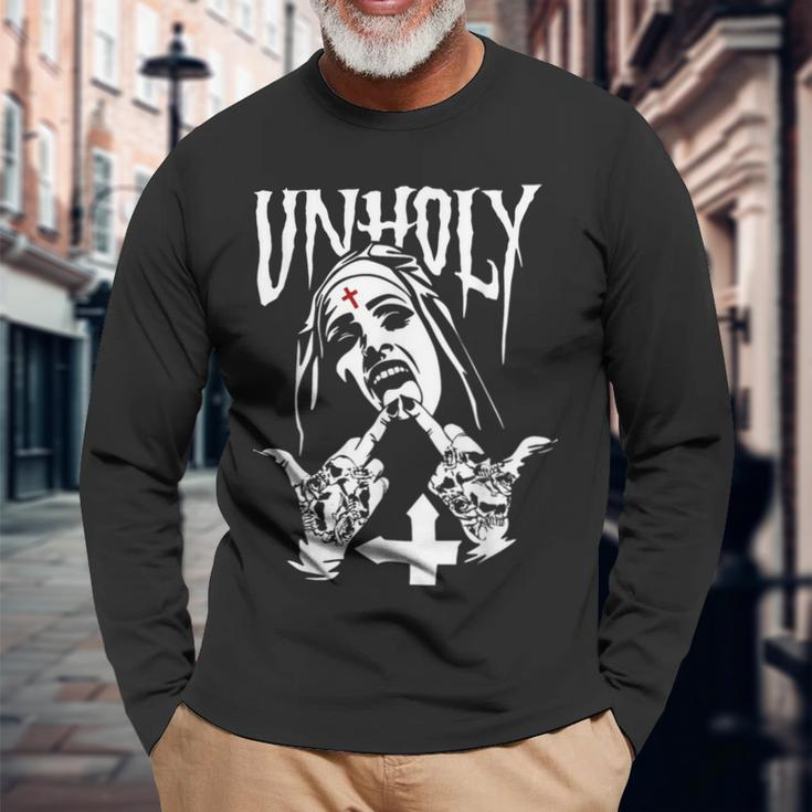 Horror Unholy Nun Occult Gothic Satanic Nun Tattoos Long Sleeve T-Shirt Gifts for Old Men