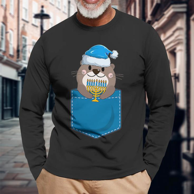 Jewish Otter Santa Menorah In Pocket Hanukkah Pajamas Long Sleeve T-Shirt Gifts for Old Men