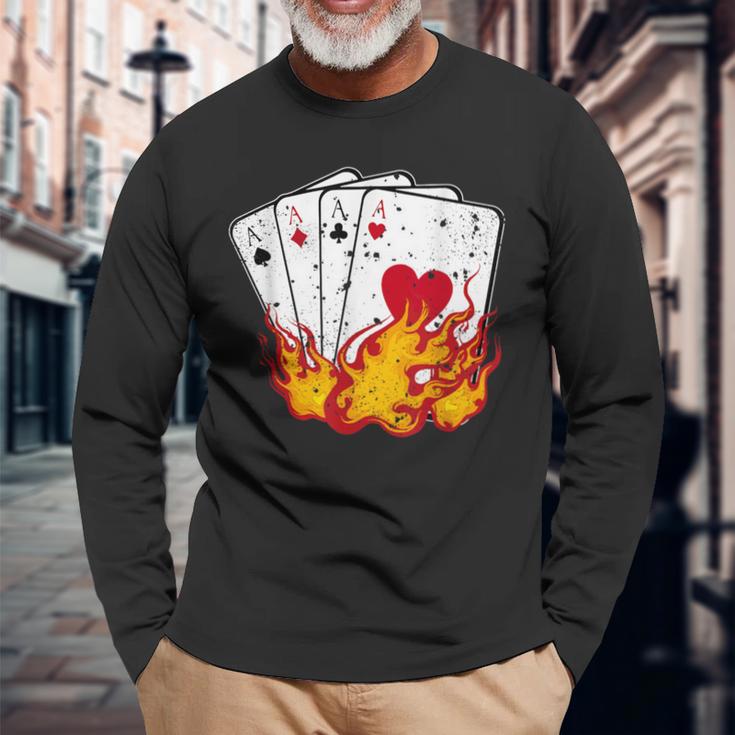 Poker 4 Aces Flames Texas Holdem Lucky Poker Long Sleeve T-Shirt Gifts for Old Men