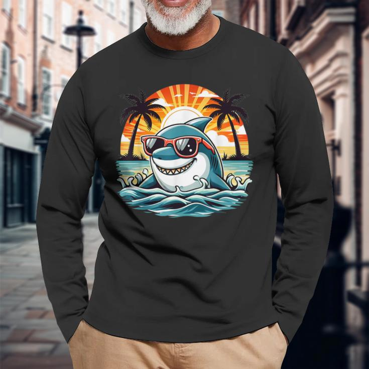 Retro Shark In Sunglasses 70S 80S 90S Cool Ocean Shark Long Sleeve T-Shirt Gifts for Old Men