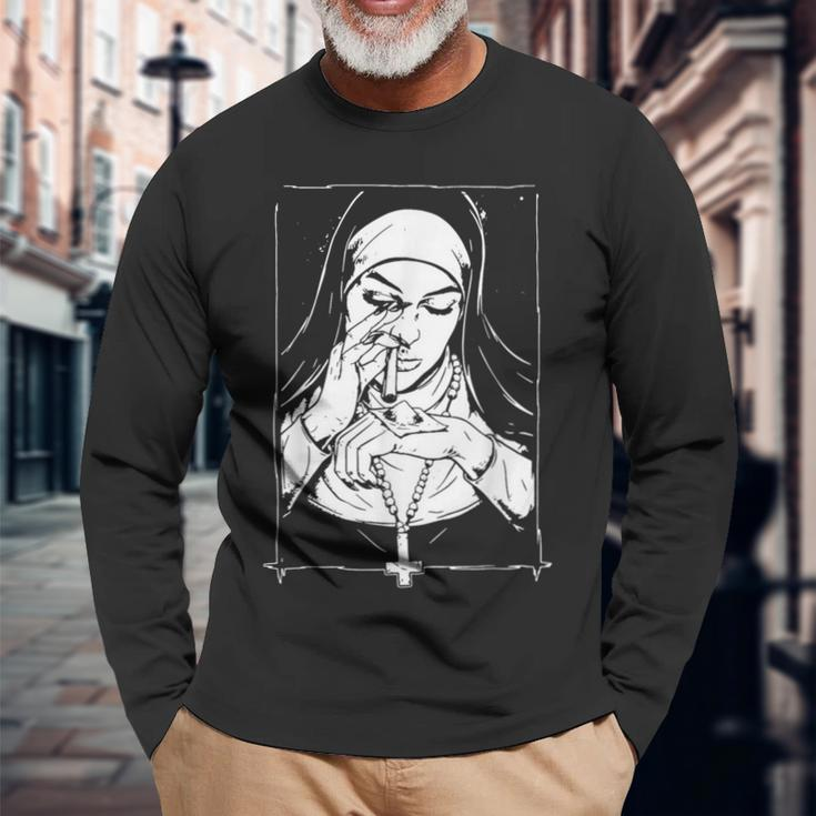 Unholy Drug Nun Costume Dark Satanic Essential Horror Long Sleeve T-Shirt Gifts for Old Men