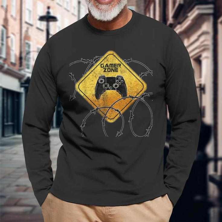 Gamer Zone Sign Warning Video Games Place Boys Long Sleeve T-Shirt Gifts for Old Men