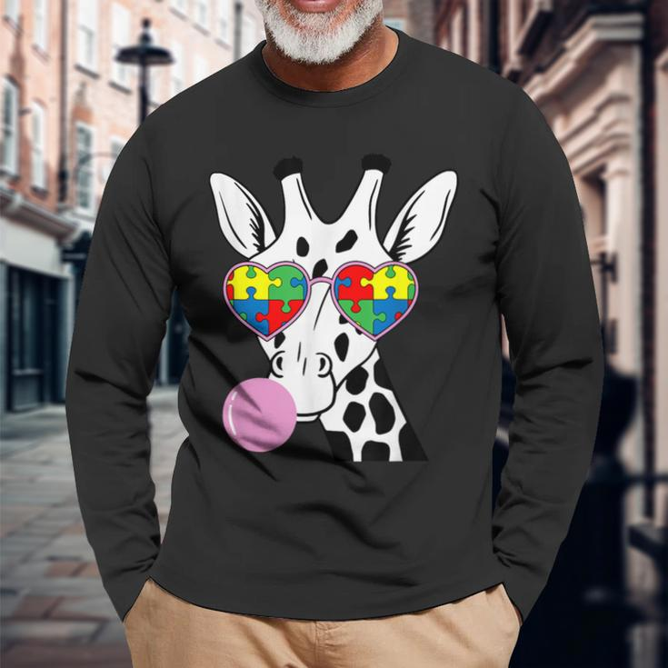 Giraffe Puzzle Piece Autism Awareness Autistic Warrior Long Sleeve T-Shirt Gifts for Old Men