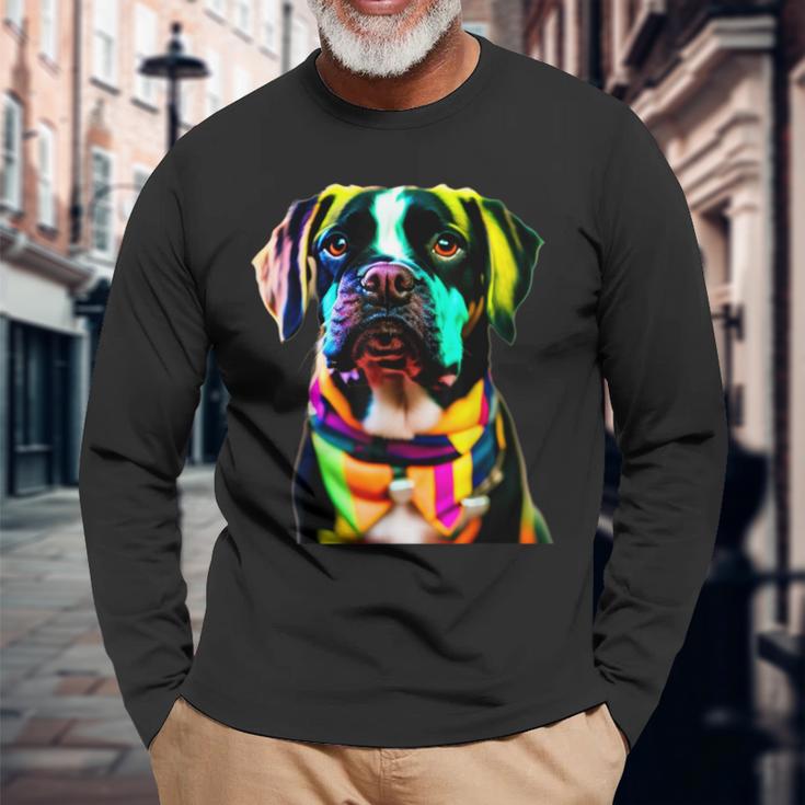 Glow In Style Black Dog Elegance With Colorful Flair Bright Long Sleeve T-Shirt Gifts for Old Men