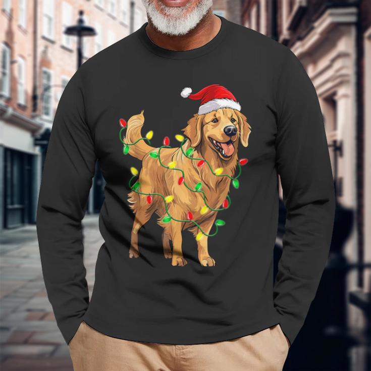 Golden Retriever Christmas Santa Hat Tree Lights Pajama Long Sleeve T-Shirt Gifts for Old Men