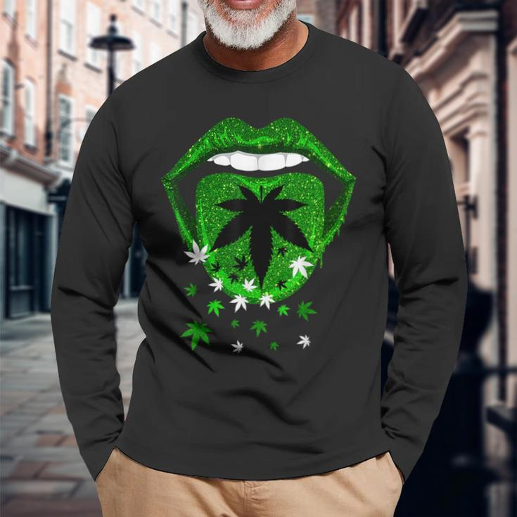 Green Sexy Lips Biting Cool Cannabis Marijuana Weed Pot Leaf Long Sleeve T-Shirt Gifts for Old Men