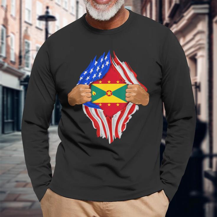 Grenadian Blood Inside Me Grenada Flag Long Sleeve T-Shirt Gifts for Old Men