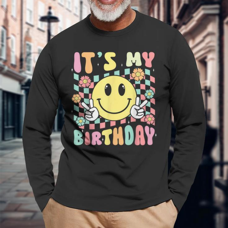 Groovy It's My Birthday Retro Smile Face Bday Party Hippie Long Sleeve T-Shirt Gifts for Old Men