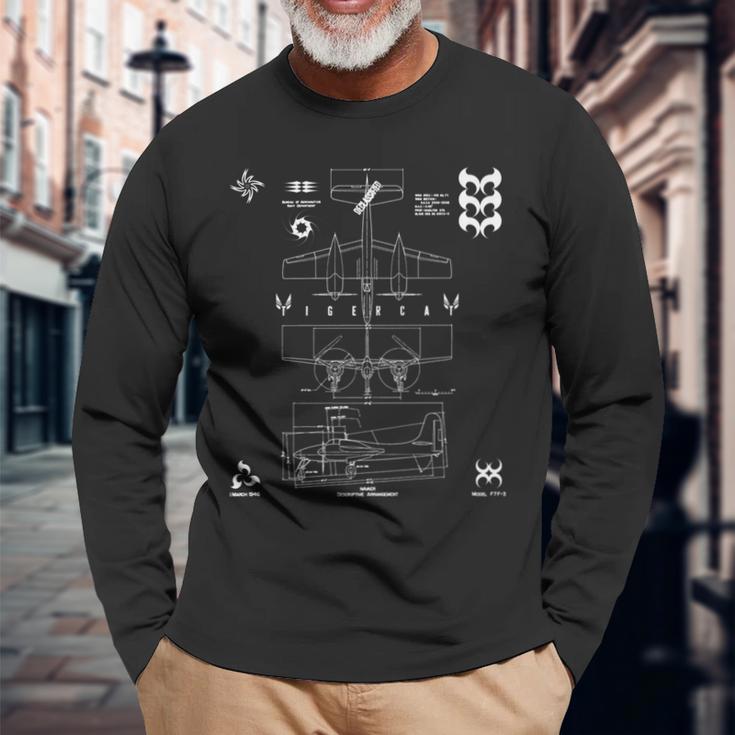 Grumman F7f-3 Tigercat Heavy Fighter 3View Technical Drawing Long Sleeve T-Shirt Gifts for Old Men