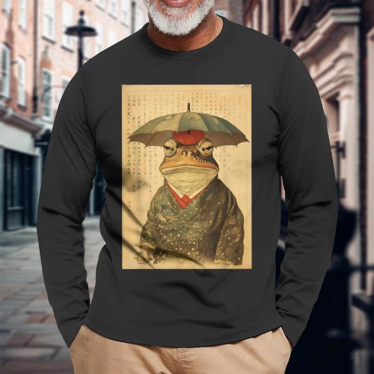 Grumpy Frog Unimpressed Toad Vintage Japanese Aesthetic Long Sleeve T-Shirt Gifts for Old Men