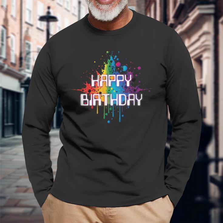 Happy Birthday Regenbogenfarbe Splash Neon Rot Orange Blau Top Langarmshirts Geschenke für alte Männer