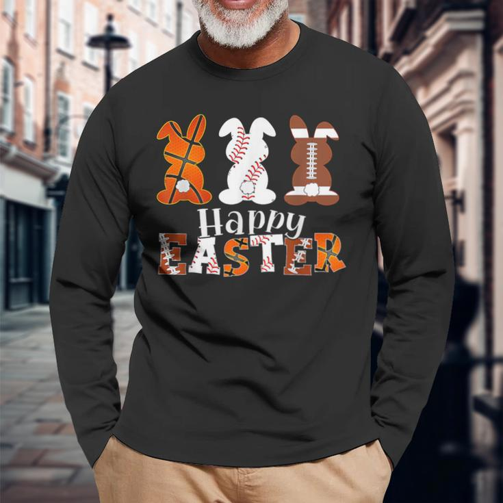 Happy Easter Baseball Football Basketball Bunny Rabbit Boys Long Sleeve T-Shirt Gifts for Old Men