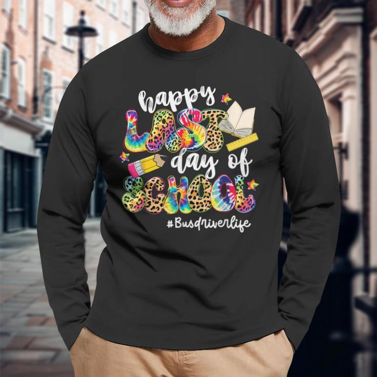 Happy Last Day Of School Bus Driver Life Leopard Tie Dye Long Sleeve T-Shirt Gifts for Old Men