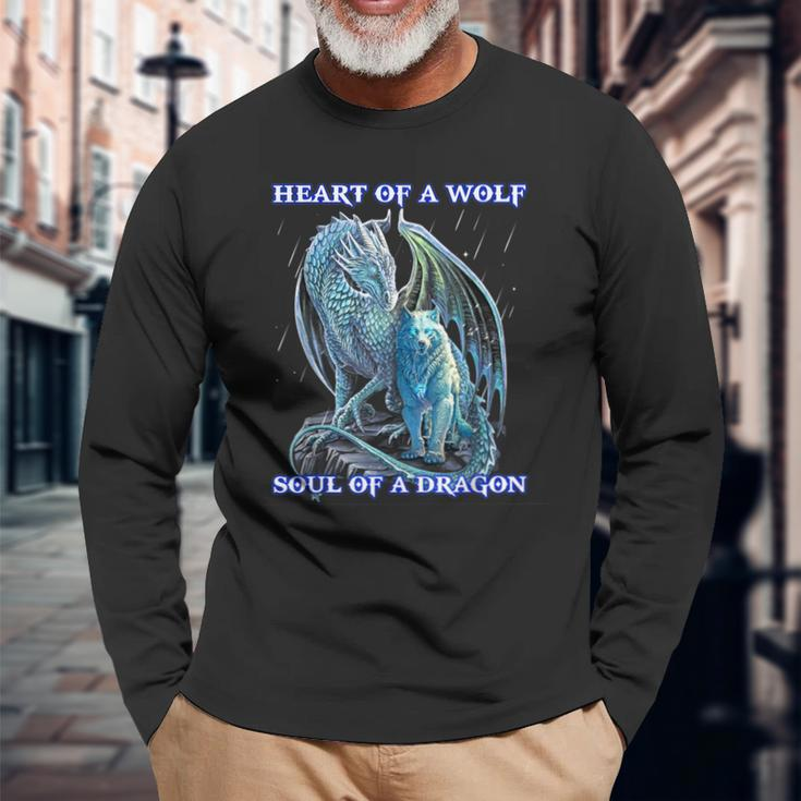 Heart Of Wolf Soul Of A Dragon Long Sleeve T-Shirt Gifts for Old Men