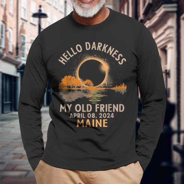 Hello Darkness My Old Friend Total Solar Eclipse 2024 Maine Long Sleeve T-Shirt Gifts for Old Men