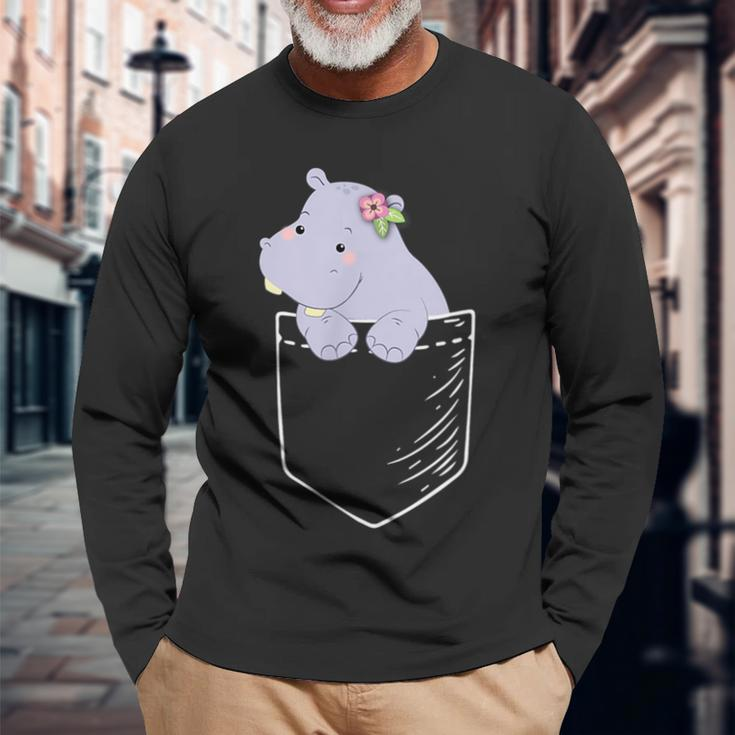 Hippopotamus in Tasche Schwarzes Langarmshirts, Lustiges Tiermotiv Tee Geschenke für alte Männer