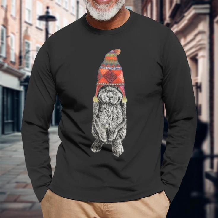 Hipster Lop Eared Bunny Rabbit Wearing Winter Peruvian Hat Long Sleeve T-Shirt Gifts for Old Men