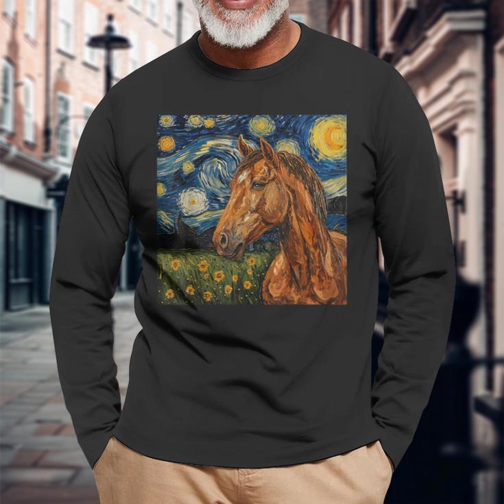 Horse Lover Van Gogh Style Starry Night Graphic Long Sleeve T-Shirt Gifts for Old Men