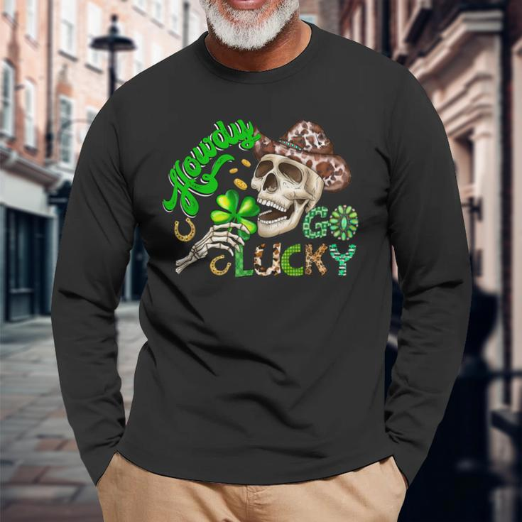Howdy Go Lucky Leopard St Patrick's Day Western Cowboy Women Long Sleeve T-Shirt Gifts for Old Men