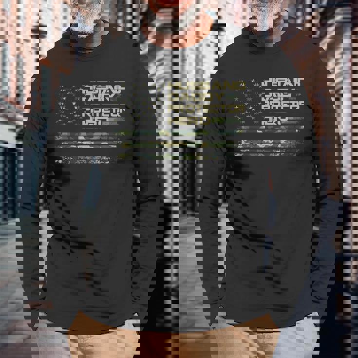 Husband Daddy Protector Hero Fathers Day American Flag Mens Long Sleeve T-Shirt Gifts for Old Men