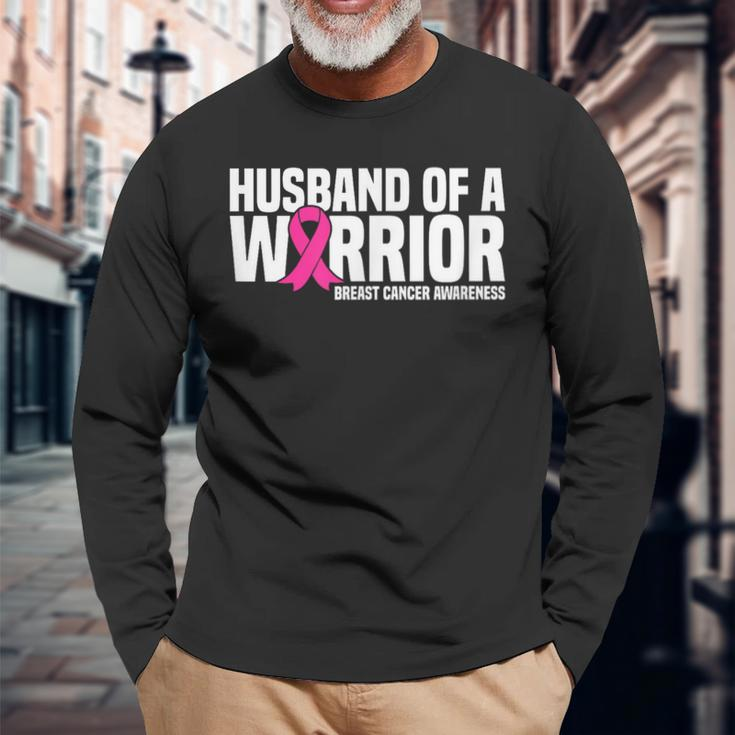 Husband Of A Warrior Pink Ribbon Breast Cancer Awareness Long Sleeve T-Shirt Gifts for Old Men