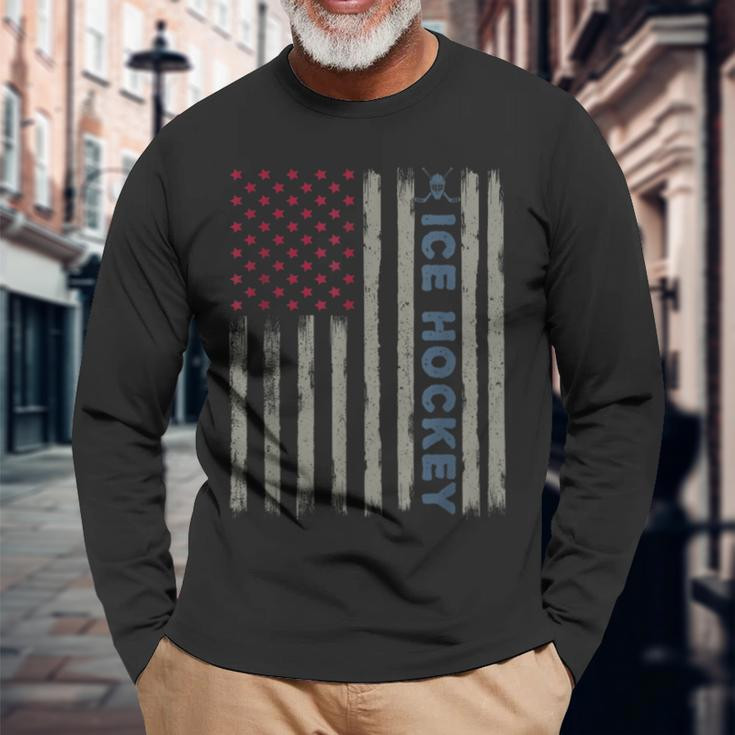Ice Hockey American Flag Patriotic Usa 4Th Of July Vintage Long Sleeve T-Shirt Gifts for Old Men
