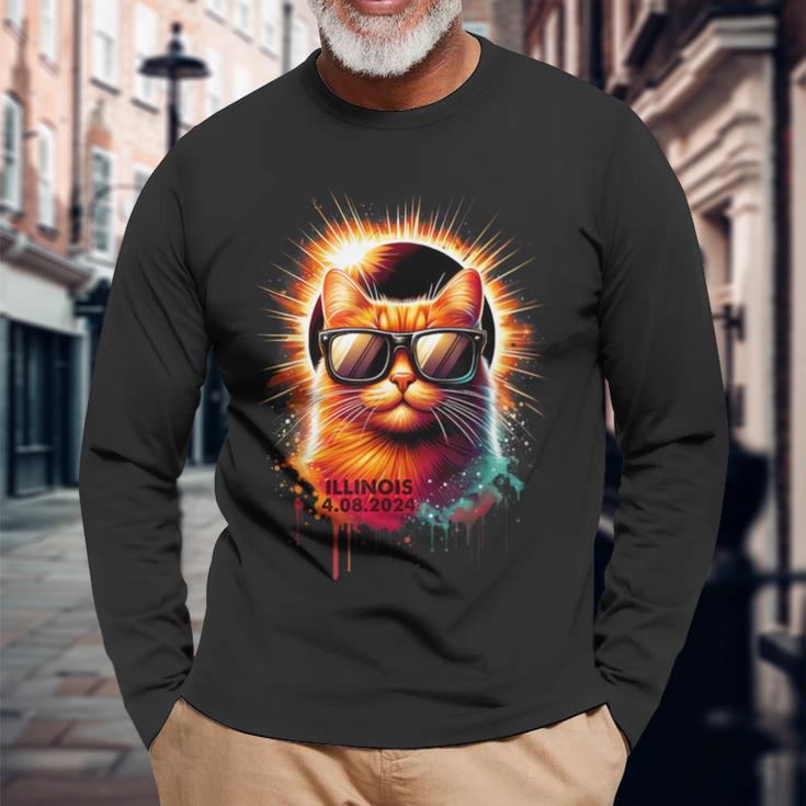 Illinois 2024 Total Solar Eclipse Cat Wearing Glasses Long Sleeve T-Shirt Gifts for Old Men