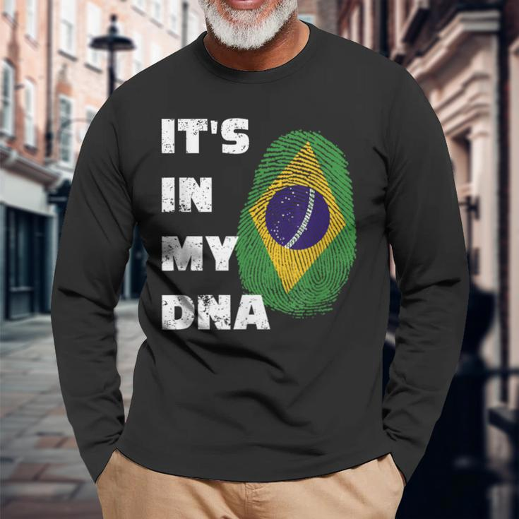 It's In My Dna Brazil Pride Fingerprint Flag Brasil Long Sleeve T-Shirt Gifts for Old Men