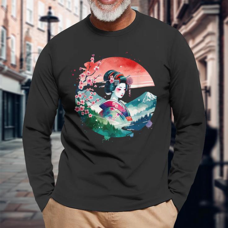 Japan Traditionell Landschaft Geisha Kirschblüte Retro Anime Langarmshirts Geschenke für alte Männer